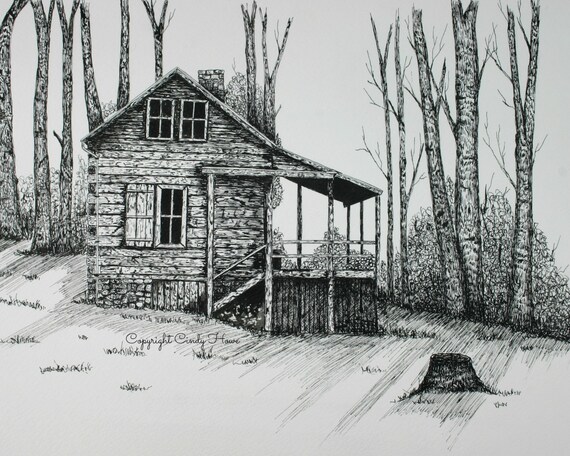 Log Cabin Print Country Cabin Landscape Mountain Cabin Etsy