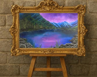Paisaje de lago de montaña, obra de arte original en acrílico, impresión artística de alta calidad.