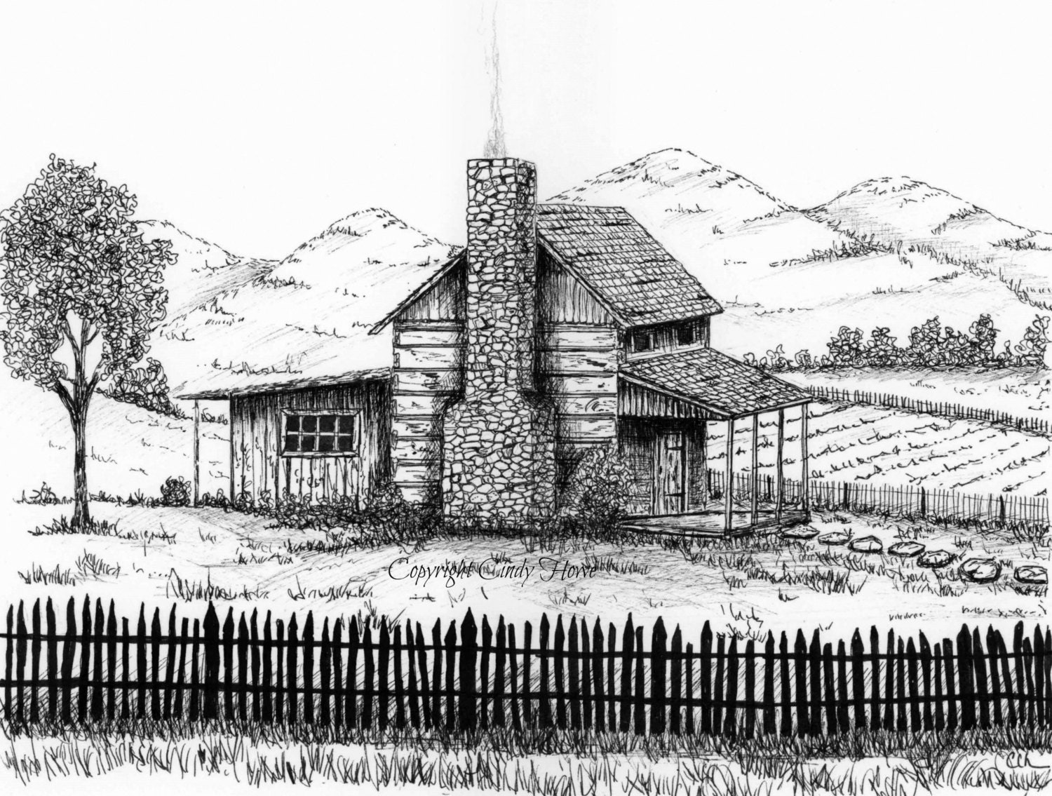 Log Cabin Print, Country, Cabin, Landscape, Cabins, Pen and Ink