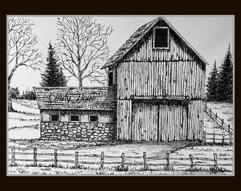 Country Landscape, Barns, farm, art, original pen and Ink, original art, pen and ink art, cabin art, log cabin, log cabins, barns