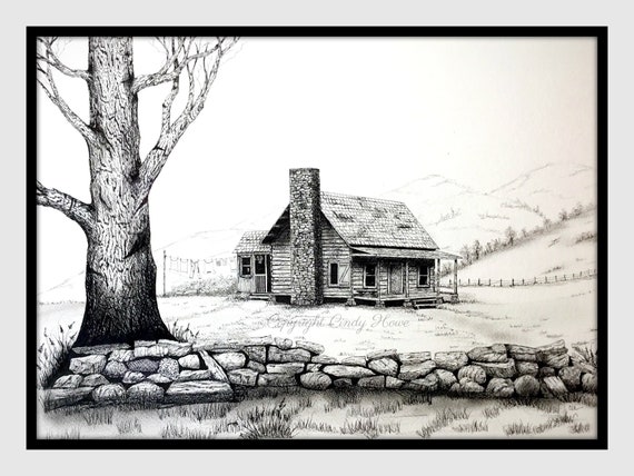 Log Cabin Print Country Cabin Landscape Mountain Cabin Etsy