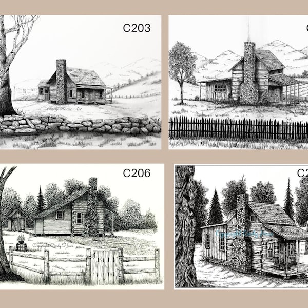 Greeting cards, Old Log cabin,  blank inside, pen and ink,  log cabin, country cabin, card, landscape, Black and white