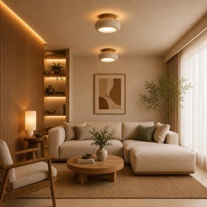 May include: A living room featuring a beige sectional sofa with a chaise, a round wooden coffee table, a wooden armchair, and two textured dome-shaped ceiling lights. The space includes a slatted wood wall, built-in shelves, and wall art.