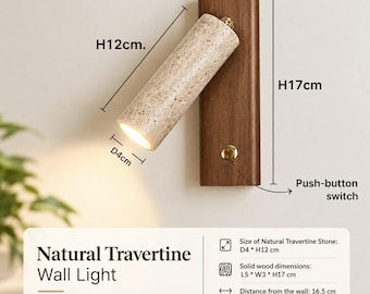 Può includere: Una lampada da parete con testa cilindrica in pietra travertino naturale di 4 cm di diametro e 12 cm di altezza, fissata su una base in legno massello di 5 cm di larghezza e 17 cm di altezza, con interruttore a pulsante dorato e LED 3W.