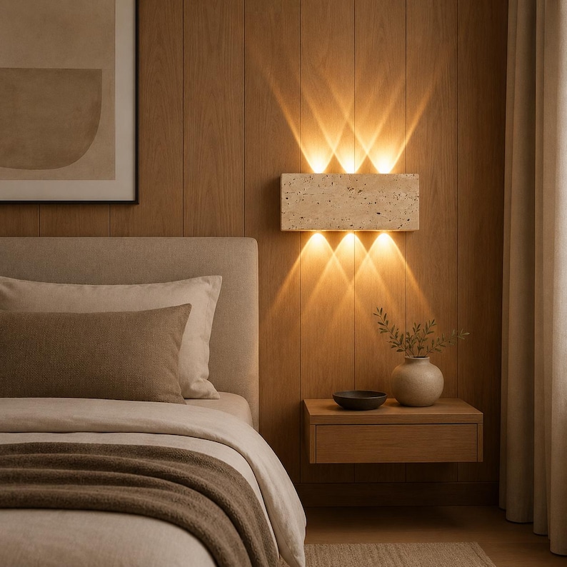 May include: A rectangular wall-mounted light fixture with a textured beige stone finish. The lamp emits warm, bright light in six distinct beams, three directed upward and three directed downward, creating a symmetrical pattern on the wooden wall.