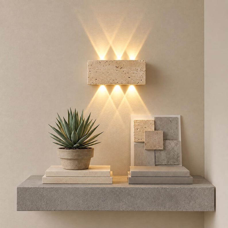 May include: A rectangular beige travertine wall light fixture emits light upward and downward in three distinct beams in each direction. Below, a green succulent sits in a pot on stacked books, next to a display of square stone tiles.