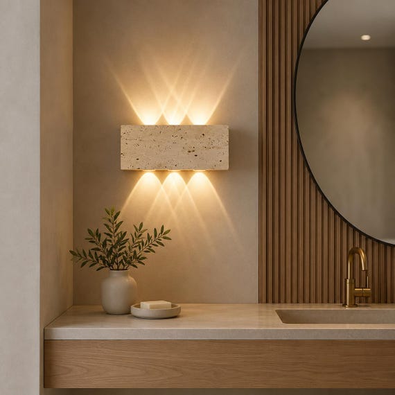 Travertine Stone Wall Sconce | Natural LED Up Down Light | Japandi Wabi Sabi Porch Lamp