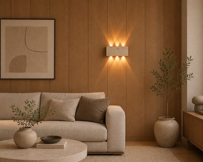 May include: A rectangular wall sconce with a speckled stone-like finish mounted on a wood-paneled wall. The fixture emits light in six distinct beams, three directed upward and three directed downward, creating a bright, warm glow on the surface.