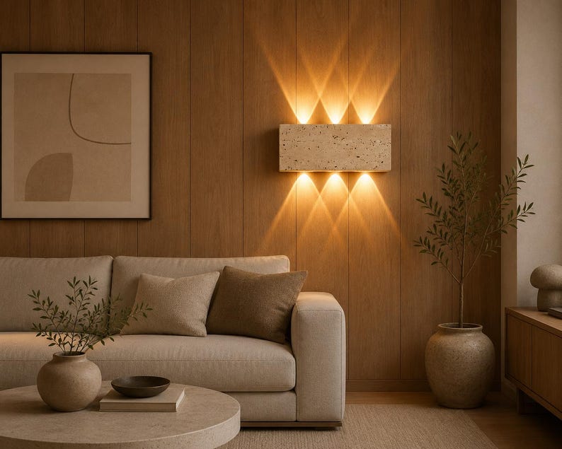 May include: A rectangular wall-mounted light fixture made of beige porous stone. The fixture features three upward-facing and three downward-facing light beams that create a symmetrical pattern of warm illumination against the wooden wall surface.