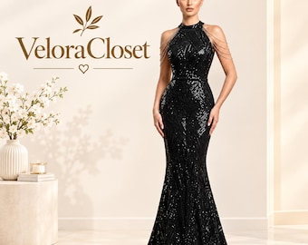 Sequin Halter Mermaid Evening Gown, Beaded Chain Straps, Formal Prom Dress