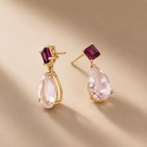 Boucles d'oreilles pendantes en rubis et morganite de synthèse, morganite taille poire et rubis taille princesse, plaquées or jaune 14 carats