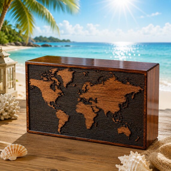 A hand-engraved world map on a premium wooden urn box — where memorial craft meets heirloom woodworking in a way that feels genuinely dignified and personal.