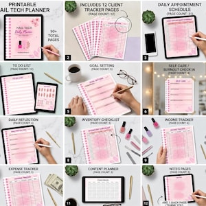 May include: A printable nail tech planner featuring over 90 pages including a cover, client tracker, daily appointment schedule, to-do list, goal setting, self-care, daily reflection, inventory checklist, income tracker, expense tracker, content planner, and notes.