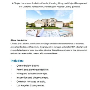 May include: The California Owner Builder Guide: The Basics Guide is a homeowner toolkit for permits, planning, hiring, and project management. It includes a photograph of a suburban house, a clipboard with a checklist, blueprints, and colour swatches.