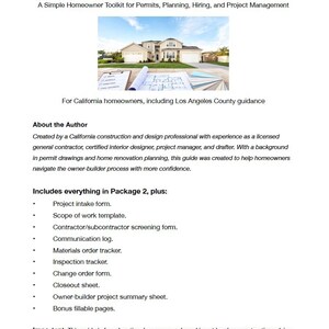 May include: A document titled California Owner Builder Guide: The Ultimate Toolkit, featuring a photograph of a suburban house, a clipboard, blueprints, and color swatches. The text outlines a homeowner toolkit for permits, planning, and project management.