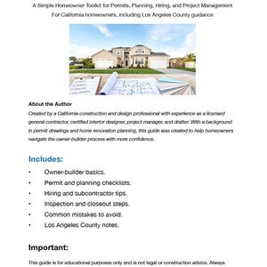 May include: A document titled California Owner Builder Guide Enhanced Guide, featuring a photograph of a suburban house, a clipboard with a checklist, rolled architectural blueprints, and a fan of paint swatches on a table, with text below.