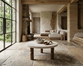 Travertine Coffee Table, Black Round Coffee Table, Modern Scandinavian Furniture, Minimalist Living Room Decor, Wooden Legs