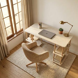 May include: A light-colored wooden desk with integrated side shelving, a swivel chair with beige upholstery, a closed laptop, a small potted succulent, a pencil holder with colored pencils, and a brass-toned desk lamp.