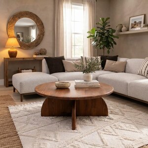 May include: A round, dark brown wooden coffee table with a thick, circular top and a cross-shaped base, positioned on a textured white area rug in front of a light gray sectional sofa with various neutral-colored throw pillows.
