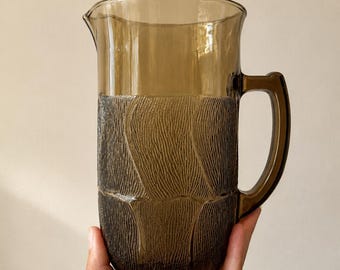 Vintage Smoke Glass Pitcher | Textured Brown Water Jug, Mid-Century Barware