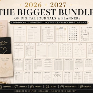 Peut inclure: Un ensemble numérique de journaux et planificateurs pour 2026 et 2027 avec diverses couvertures et pages PDF imprimables. La collection comprend des calendriers, des suivis d'habitudes et des planificateurs d'objectifs en formats A4, A5 et US Letter.