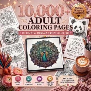 May include: A digital collection of 10,000+ adult coloring pages featuring floral, animal, and mandala designs. Includes printable PDFs, instant download options, and commercial rights. The set displays a tablet with a peacock mandala.