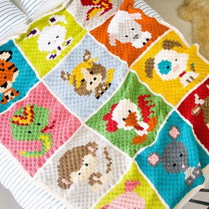 CROCHET PATTERN BUNDLE: Zoodiacs Corner to Corner Granny Square Afghan Chinese Zodiac Blanket