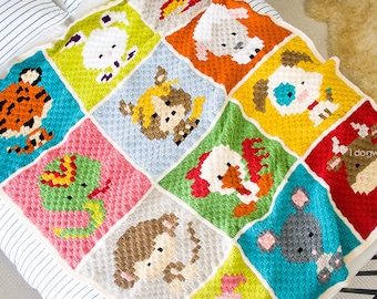 CROCHET PATTERN BUNDLE: Zoodiacs Corner to Corner Granny Square Afghan Chinese Zodiac Blanket