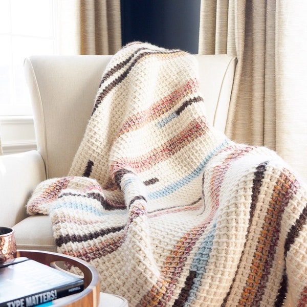 CROCHET PATTERN: Sunset Stripes Tunisian Crochet Afghan Chunky Throw