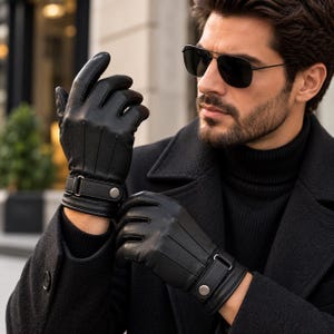 Men’s Black Leather Gloves, Genuine Leather Winter Gloves, Warm Driving Gloves, Classic Touchscreen Gloves, Stylish Outdoor Gloves