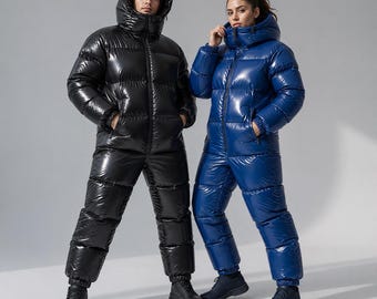 Shiny Glossy Nylon Puffer Jacket & Pants Set , Hooded Insulated Winter Suit , Waterproof Quilted Ski Suit , Cold Weather Outdoor Wear