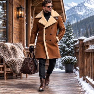Men's Brown Shearling Leather Coat, Genuine Sheepskin Fur Lined Aviator Jacket, Handmade Vintage Long Winter Coat, Classic Pilot Outerwear