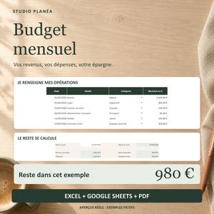 Peut inclure: Un modèle de budget mensuel numérique affichant le texte Studio Planéa, Budget mensuel, avec des tableaux pour suivre les revenus, dépenses et épargne. La mise en page inclut des colonnes pour la date, le libellé, la catégorie et le montant en euros.