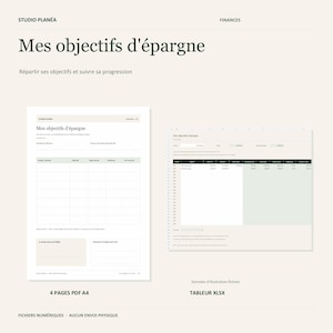 May include: A digital financial planning set featuring a 4-page A4 PDF template and an XLSX spreadsheet. Both documents are titled Mes objectifs d'épargne and include sections for tracking savings goals, project priorities, and progress monitoring.