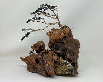 Vintage Frank Sunseri Fishing Boat Scene Burl Wood Sculpture