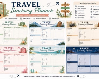 Travel Itinerary Planner Bundle | 6 Printable Trip Pages (Digital Download)