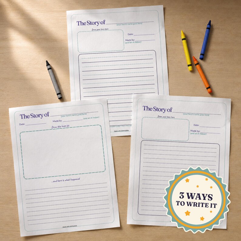 Three printable story writing pages laid out on a wooden table with crayons, showing the three page styles in this pack: the classic keepsake page with a draw-your-hero box and ruled lines, a wide-lined primary handwriting page with a dotted middle guide, and a draw-and-write page with a large picture box above the writing lines. A badge reads 3 ways to write it.