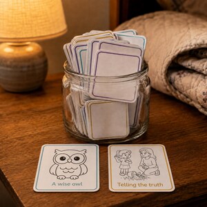 A glass jar filled with cut-out printable story prompt cards on a nightstand beside a lit lamp, with two cards in front reading A Wise Owl and Telling the Truth, from the AiWhizzkids Story Prompt Cards deck.