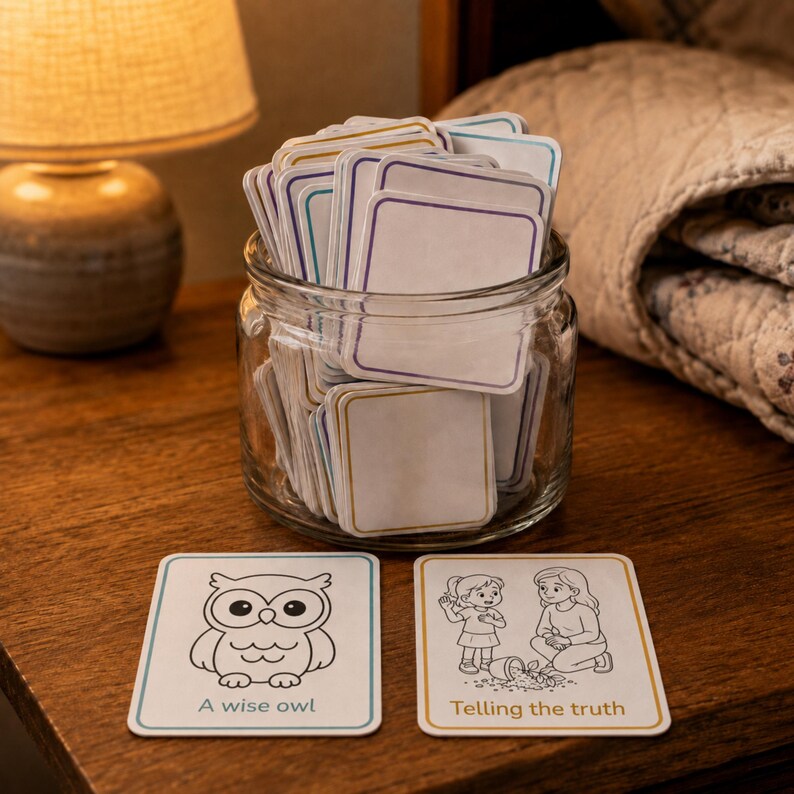 A glass jar filled with cut-out printable story prompt cards on a nightstand beside a lit lamp, with two cards in front reading A Wise Owl and Telling the Truth, from the AiWhizzkids Story Prompt Cards deck.