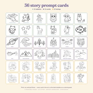 All 36 printable story prompt cards shown as a six by six grid on cream: 12 teal sidekick cards (a friendly dragon, a brave puppy, a tiny robot, a wise owl, a silly monkey, a gentle giant, a talking cat, a baby star, a loyal horse, a curious fox, a sleepy bear, a magic fish), 12 purple world cards and 12 gold feeling cards. Every card is black line art with a word label, so the deck doubles as a coloring pack.