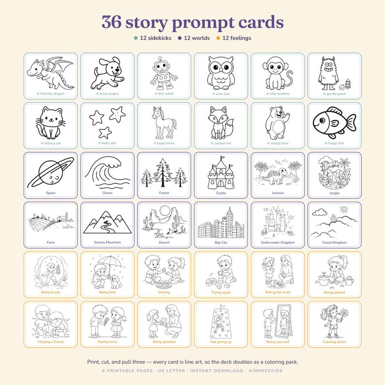 All 36 printable story prompt cards shown as a six by six grid on cream: 12 teal sidekick cards (a friendly dragon, a brave puppy, a tiny robot, a wise owl, a silly monkey, a gentle giant, a talking cat, a baby star, a loyal horse, a curious fox, a sleepy bear, a magic fish), 12 purple world cards and 12 gold feeling cards. Every card is black line art with a word label, so the deck doubles as a coloring pack.