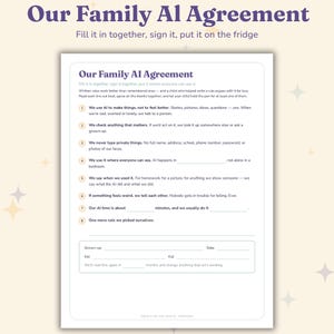 The Family AI Agreement printable with eight family rules and signature lines for grown-ups and kids