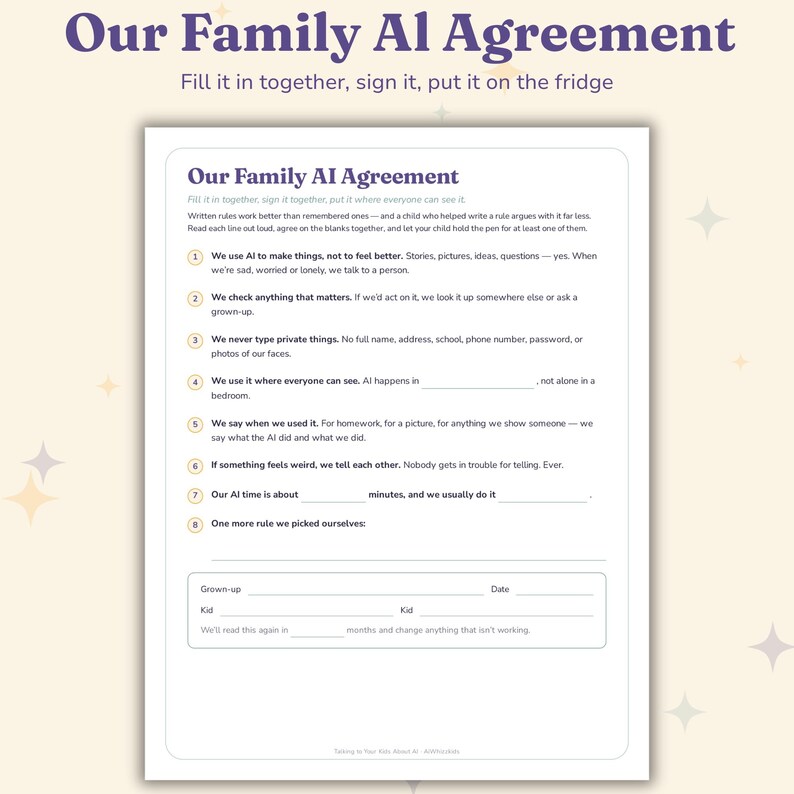 The Family AI Agreement printable with eight family rules and signature lines for grown-ups and kids