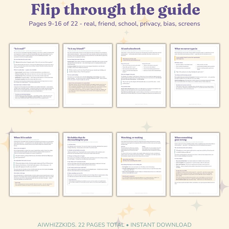 Pages 9 to 16 of the guide: is it real, is it a friend, schoolwork, privacy, bias and screen time