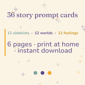 Text graphic reading "36 story prompt cards, 12 sidekicks, 12 worlds, 12 feelings, 6 pages, print at home, instant download" on a cream sparkle background with teal, purple, and gold color dots, for the AiWhizzkids printable story prompt card deck.