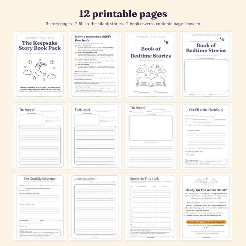 All twelve printable pages in the pack shown as a flat grid: a cover, a how-to page, two book covers, three story writing pages, two fill-in-the-blank stories, a lined continuation page and a Stories in This Book contents page.