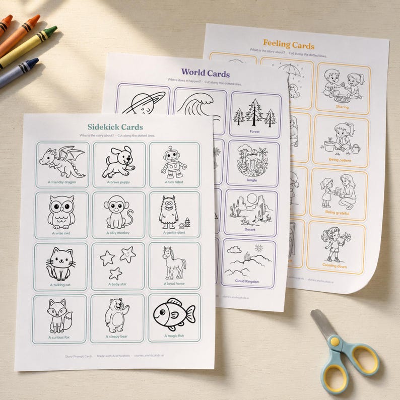 Three printed story prompt card sheets - Sidekick Cards, World Cards, and Feeling Cards - fanned out on a table with scissors and crayons, showing all 36 printable story starter cards in the AiWhizzkids deck.