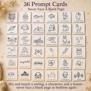 Puede incluir: Un conjunto de 36 tarjetas de inspiraci&oacute;n cuadradas dispuestas en una cuadr&iacute;cula, cada una con un dibujo de l&iacute;nea negra y una etiqueta descriptiva. Las tarjetas representan varios temas, incluyendo animales, paisajes y lecciones sociales.