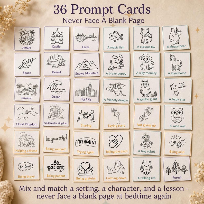 Puede incluir: Un conjunto de 36 tarjetas de inspiraci&oacute;n cuadradas dispuestas en una cuadr&iacute;cula, cada una con un dibujo de l&iacute;nea negra y una etiqueta descriptiva. Las tarjetas representan varios temas, incluyendo animales, paisajes y lecciones sociales.