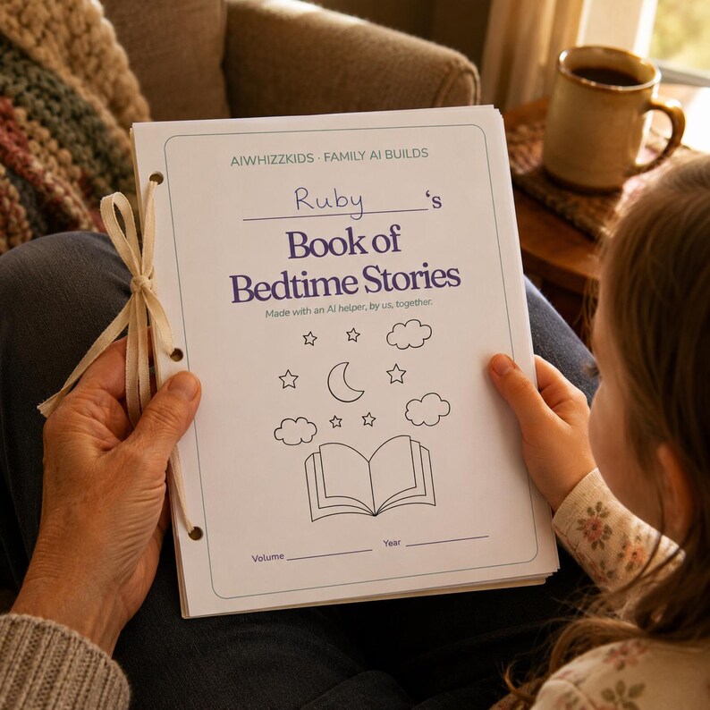Puede incluir: Un folleto de papel blanco titulado Ruby's Book of Bedtime Stories con AIWHIZZKIDS FAMILY AI BUILDS impreso en la parte superior. La portada presenta un dibujo lineal de un libro abierto, una luna creciente, estrellas y nubes, atado con una cinta beige.